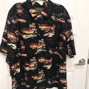 🔥COOL & unusual Mens XXL “Route 66 w/ vintage cars” short sleeve casual shirt!